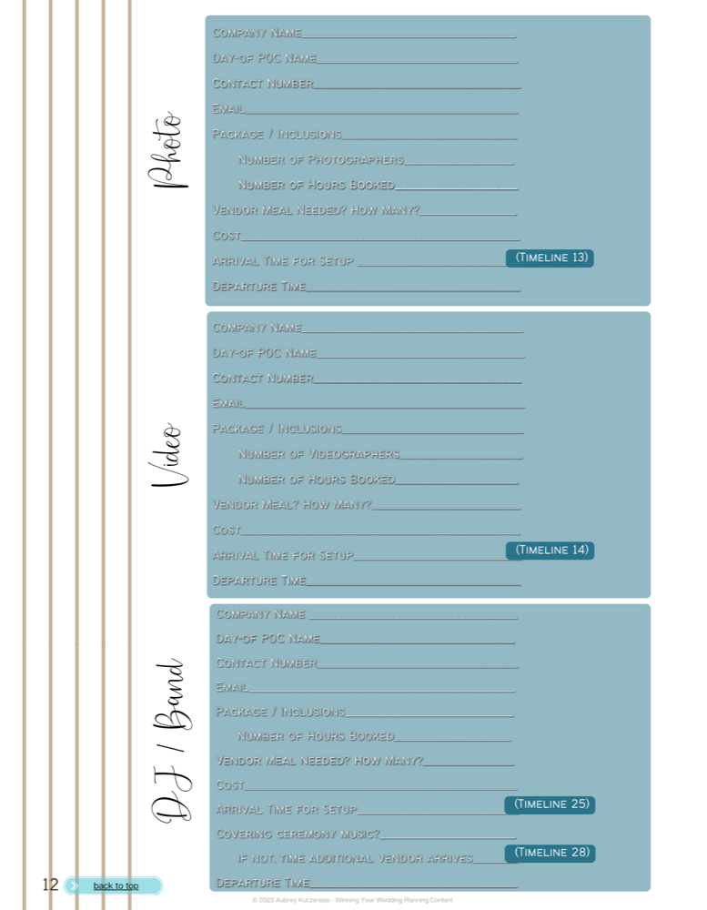 Vendor worksheet pages